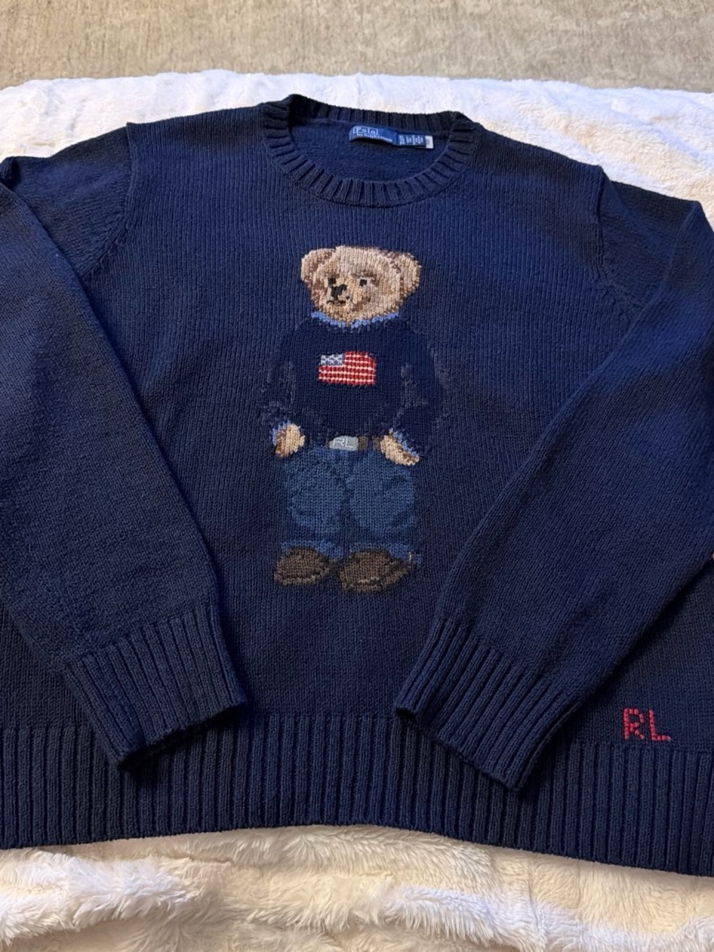Polo by Ralph Lauren Navy Bear Crewneck Sweater with Flag Motif XL